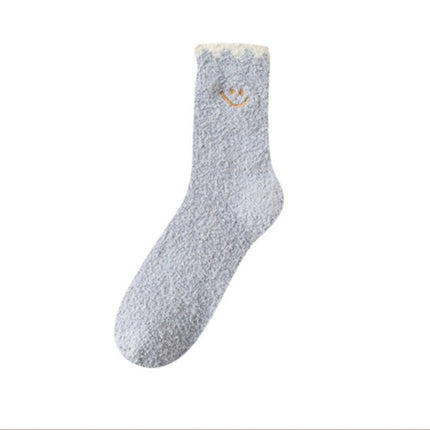 Women's Winter Thickened Warm Embroidered Solid Color Mid-calf Coral Fleece Socks