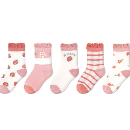 Wholesale 5 Pairs of Kids Fall Flower Plaid Cotton Cute Polka Dot Socks