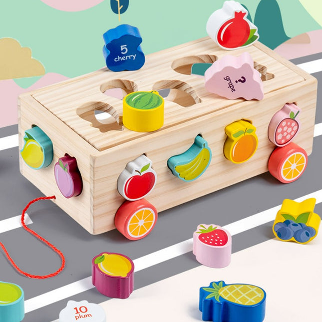 Children's Bead Geometric Shape Matching Puzzle Box Building Block Trailer Wooden Toy 