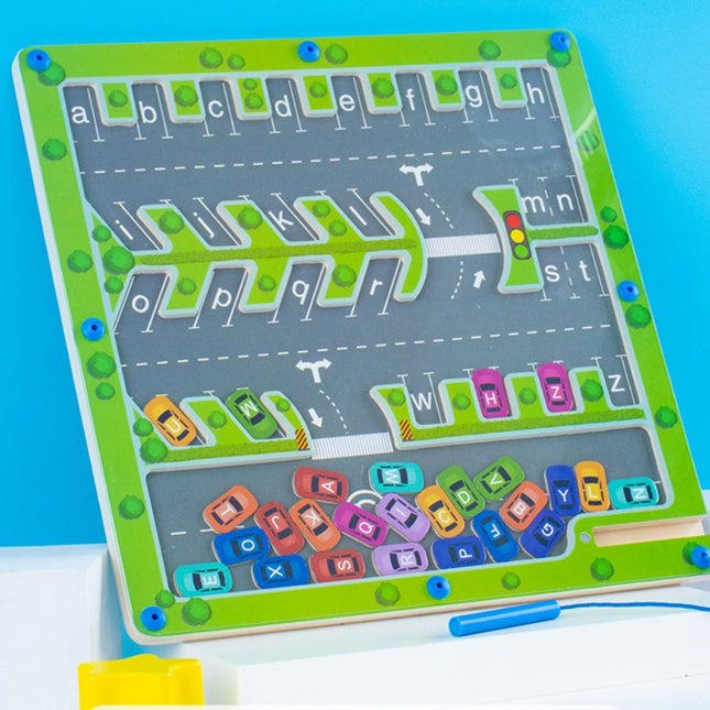 Children's Magnetic Maze Wooden Magnetic Letter Parking Lot Matching Board Puzzle Toy