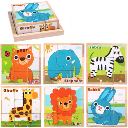 Wholesale Wooden Building Blocks Traffic Animal Six-sided Picture Puzzle Toy 