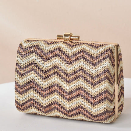 Women's Summer Straw Material Single Shoulder Chain Evening Bag Corrugated Clutch Bag 