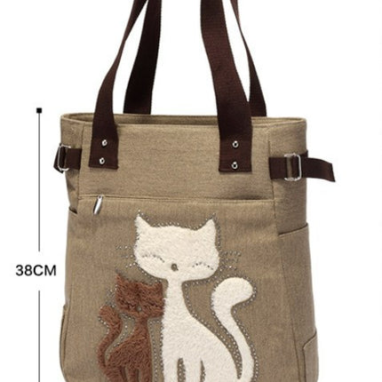 Ladies Cat Velvet Rhinestone Canvas Bag Shoulder Bag Hand Storage Tote Bag 