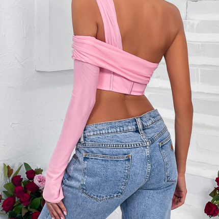 Wholesale Women's Summer Slanted Shoulder Navel Strap Short Top