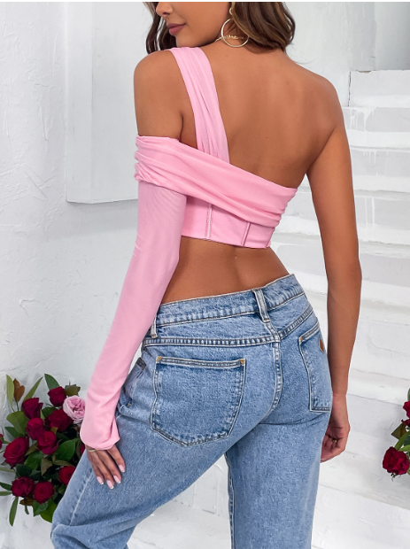 Wholesale Women's Summer Slanted Shoulder Navel Strap Short Top