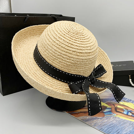 Wholesale Spring Summer Raffia Dome Hat Sun Hat Straw Hat Bow Beach Sun Hat 
