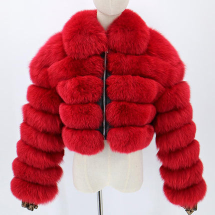 Wholesale Women's Lapel Faux Fox Fur Long Sleeve Stitching Short Coat