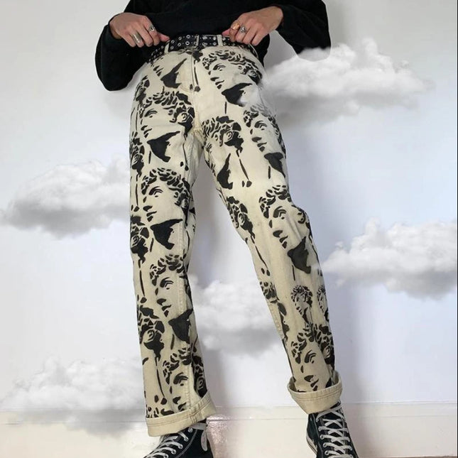 Wholesale Men's Loose-fitting White Washed Straight Tie-dye Jeans 