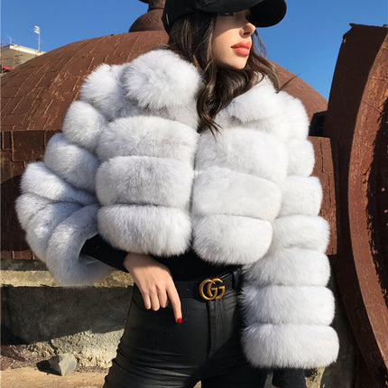 Wholesale Women's Lapel Faux Fox Fur Long Sleeve Stitching Short Coat