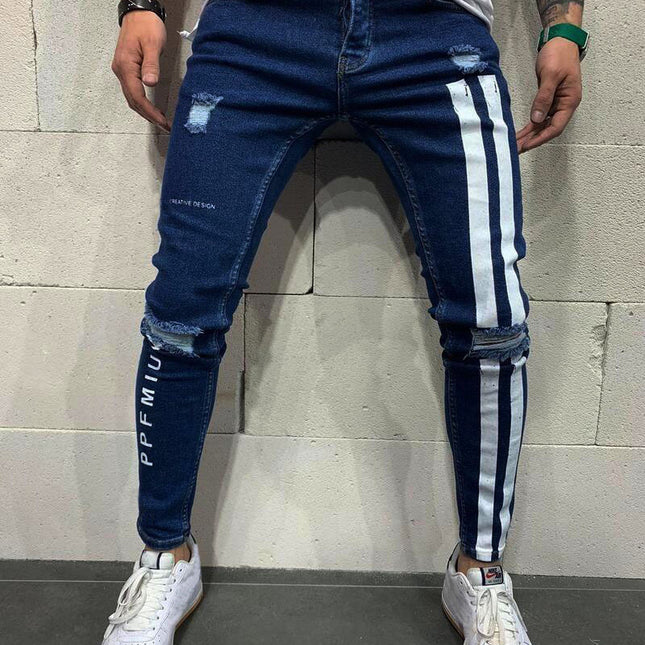 Wholesale Men's Slim Fit Distressed Paint Printed Skinny Jeans