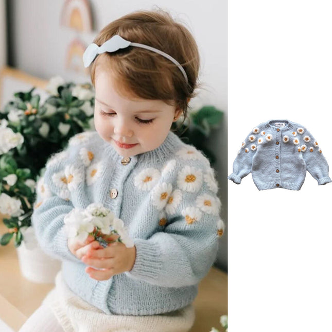 Wholesale Toddler Hand Embroidered Chamomile Wool Cardigan Sweater