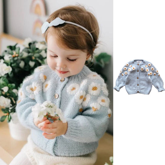 Wholesale Toddler Hand Embroidered Chamomile Wool Cardigan Sweater