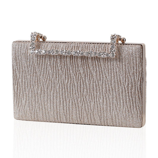 Pleated Evening Bezel Studded with Rhinestones Bridal Bag Banquet Ladies Chain Clutch