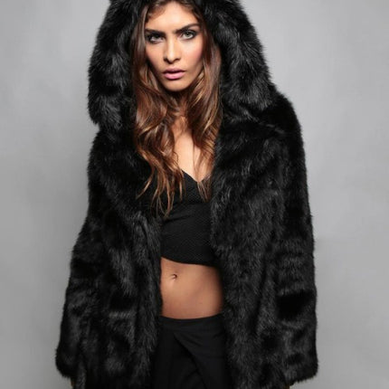 Wholeslae Women's Winter Faux Fur Coat Fox Fur Hooded Collar Ladies Faux Fur Coat
