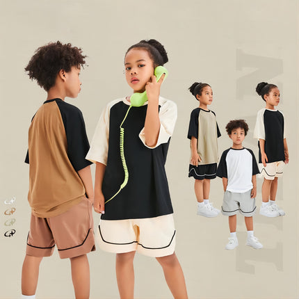 Kids Contrasting Color Raglan Sleeves Short Sleeve T-Shirts Shorts Set