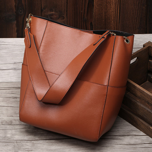 Women's Genuine Leather Bucket Bag Retro Large Bag Crossbody Bag 