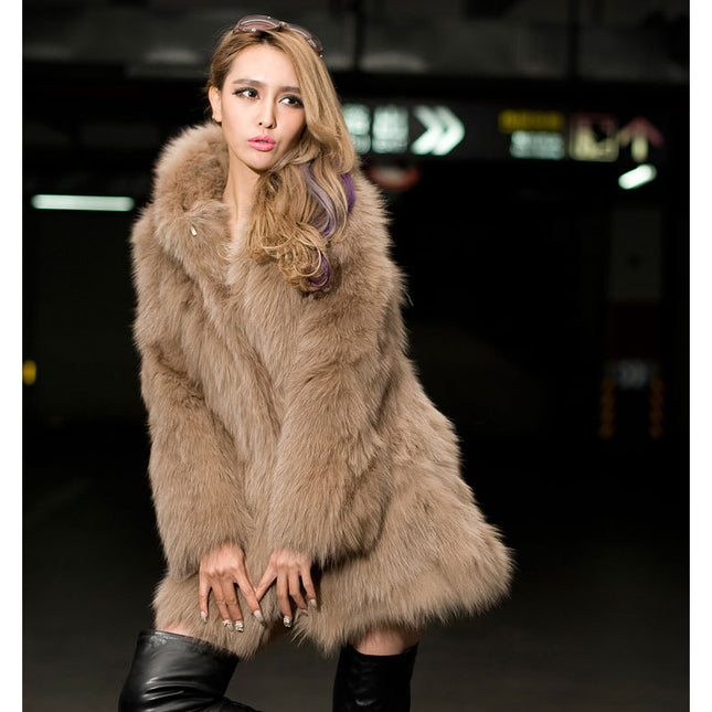 Wholesale Women's Fashion Hooded Mid Length Faux Fur Coat