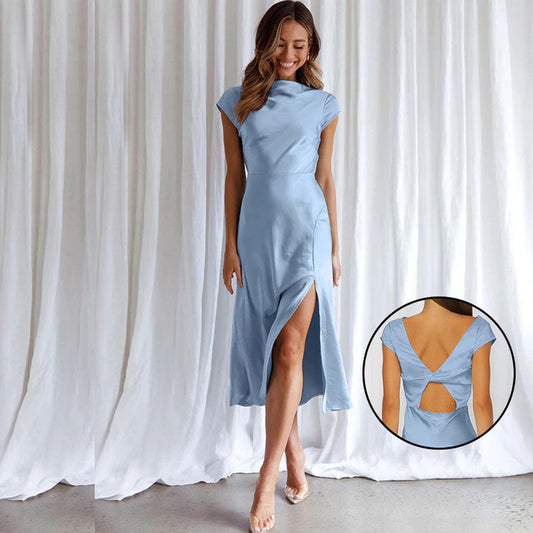 Wholesale Summer Ladies High Fork Elegant Dress Sexy Open Back Satin Evening Gown