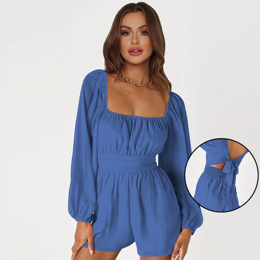 Wholesale Women's Summer Backless Tie Rope Lantern Long Sleeve Casual Comfortable Jumpsuit Shorts