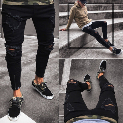 Wholesale Men's Black Ripped Stretch Zipper Skinny Jeans