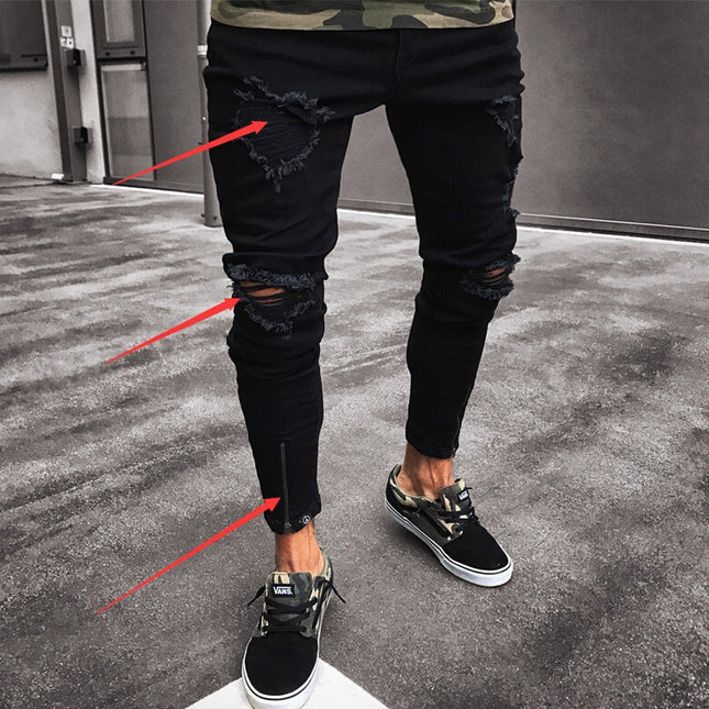 Wholesale Men's Black Ripped Stretch Zipper Skinny Jeans