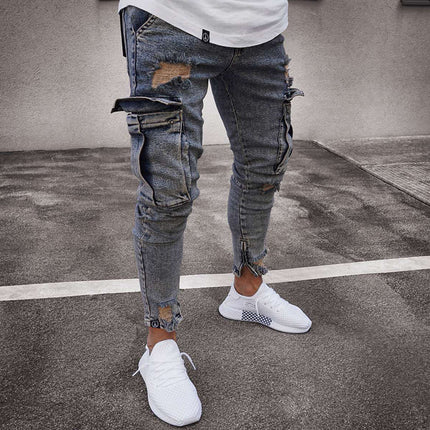 Wholesale Men's Trendy Ripped Zipper Stretch Skinny Jeans