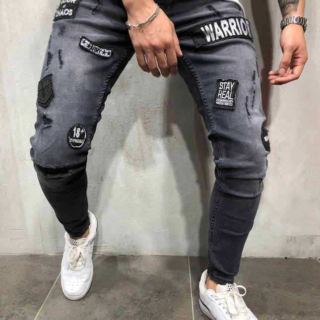 Wholesale Men's Skinny Black Ripped Badge Patch Petite Jeans