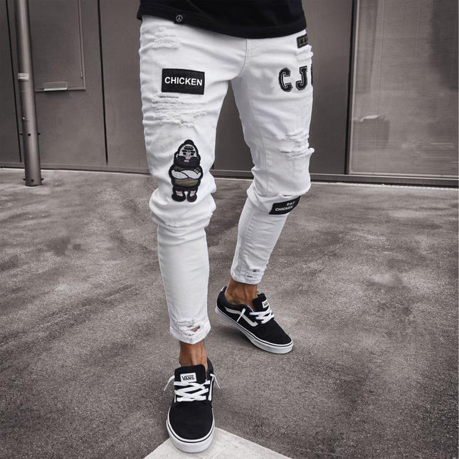 Wholesale Men's Ripped Trendy Black Slim Fit White Jeans