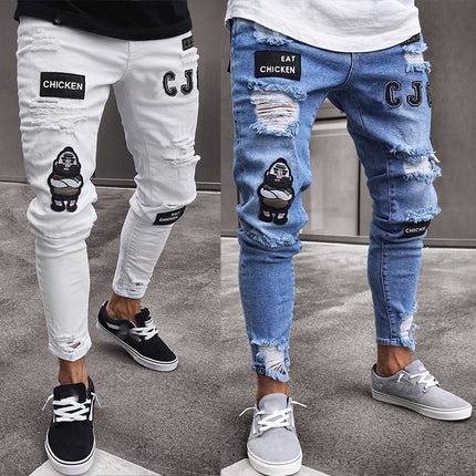 Wholesale Men's Ripped Trendy Black Slim Fit White Jeans