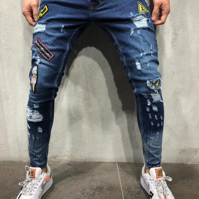 Wholesale Men's Hip Hop Ripped Badge Slim Fit Skinny Jeans