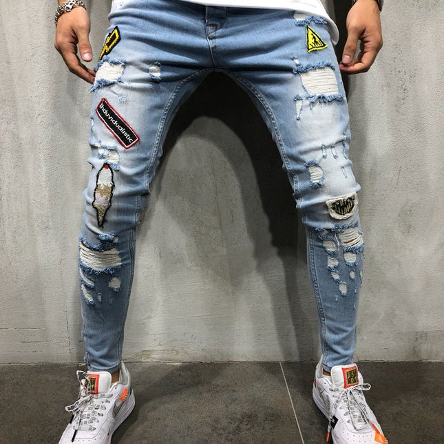 Wholesale Men's Hip Hop Ripped Badge Slim Fit Skinny Jeans