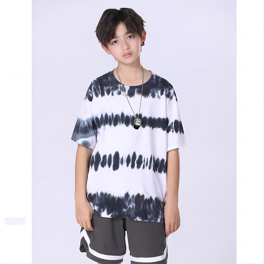 Wholesale Boys Summer Tie Dye Washed Old Black and White Short Sleeve T-Shirts