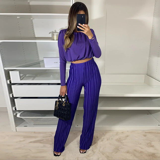 Wholesale Spring Round Neck Cropped Long Sleeve Shirt Pressed Pleated High Waist Trousers Two-Piece Set