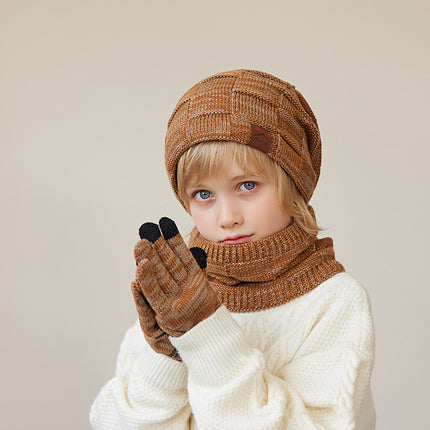 Wholesale Children's Winter Velvet Warm Ear Protection Knitted Hat, Gloves and Neck Scarf Set