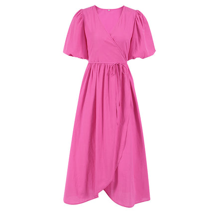 Wholesale Ladies Summer Cotton V Neck Dress Women's Slit High Waist A Line Dress