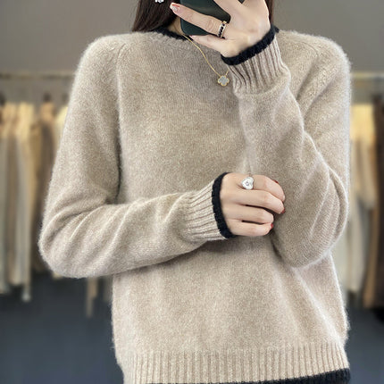 Wholesale Women's Color Blocked Round Neck Loose Pullover 100%Wool Sweater