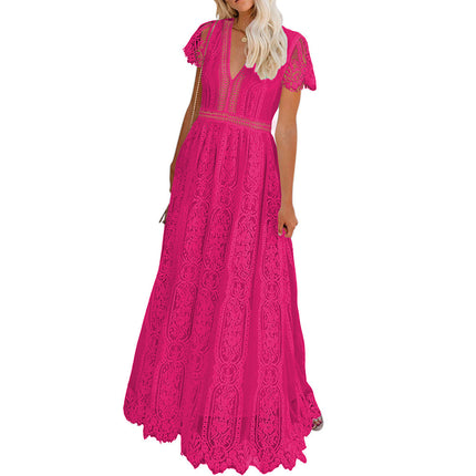 Wholesale Ladies Spring Autumn V Neck Long Dress Solid Color Lace Short Sleeve Dress