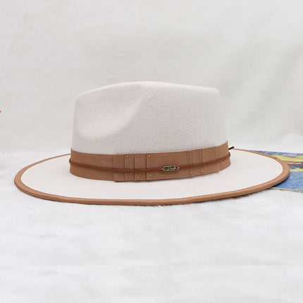 Wholesale Woolen Flat Brim Jazz Hat Pleated Big Brim Top Hat Color Matching Hat 