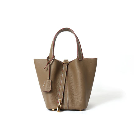 Women's Bucket Bag Shoulder Large Capacity First Layer Cowhide Portable Vegetable Basket Bag