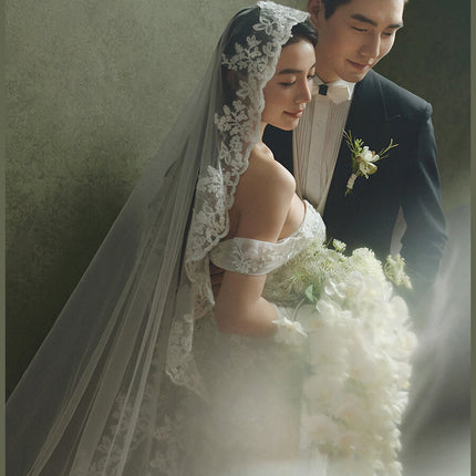 Retro Lace Long Trailing Veil Oil Painting Wedding Dress Headdress