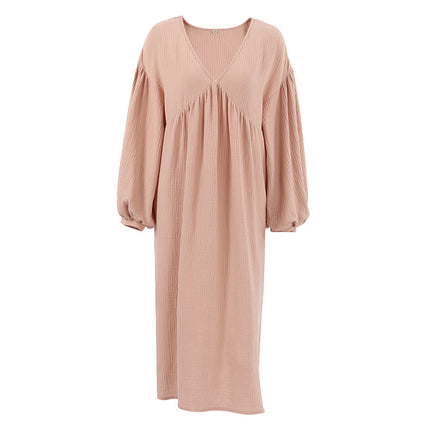 Wholesale Women's Fall Loose Casual Fashion Puff Sleeve V-Neck Crepe Cotton Maxi Dress