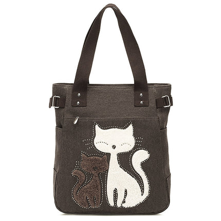 Ladies Cat Velvet Rhinestone Canvas Bag Shoulder Bag Hand Storage Tote Bag 