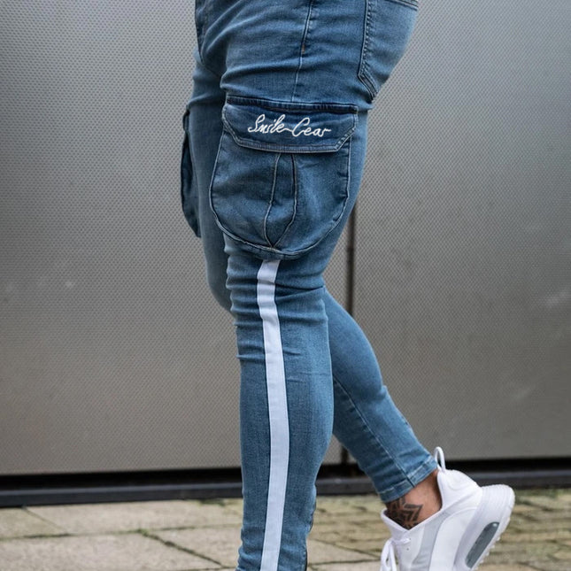Wholesale Men's White Slim Fit Ripped Paint Webbing Skinny Jeans