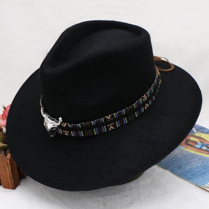 Men's Autumn and Winter Cow Head Decorated Woolen Cowboy Hat Jazz Hat Hat Tibetan Hat