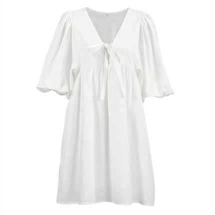 Wholesale Ladies Summer Pure Cotton White Dress Puff Sleeve Neckline Tie V Neck Loose Dress