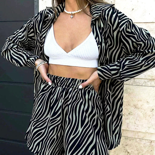Wholesale Women's Fashion Autumn Zebra Stripe Print Long Sleeve Shirt High Waist Shorts Two-Piece Set