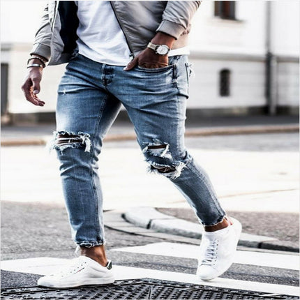 Wholesale Men's Autumn Slim Fit Stretch Ripped Skinny Jeans