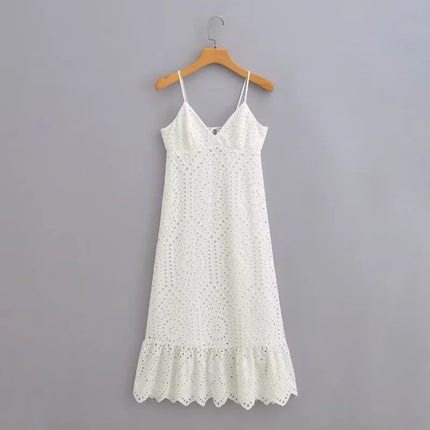 Wholesale Women's Summer V-neck Lace Hollow Embroidery Suspender Dress