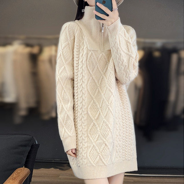 Women's Half-zip Stand Collar Cable High Collar Mid Length Wool Knitted Dress