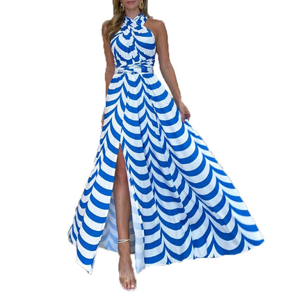 Wholesale Ladies Summer Striped Halter Neck High Waist Slit Mid Length Dress